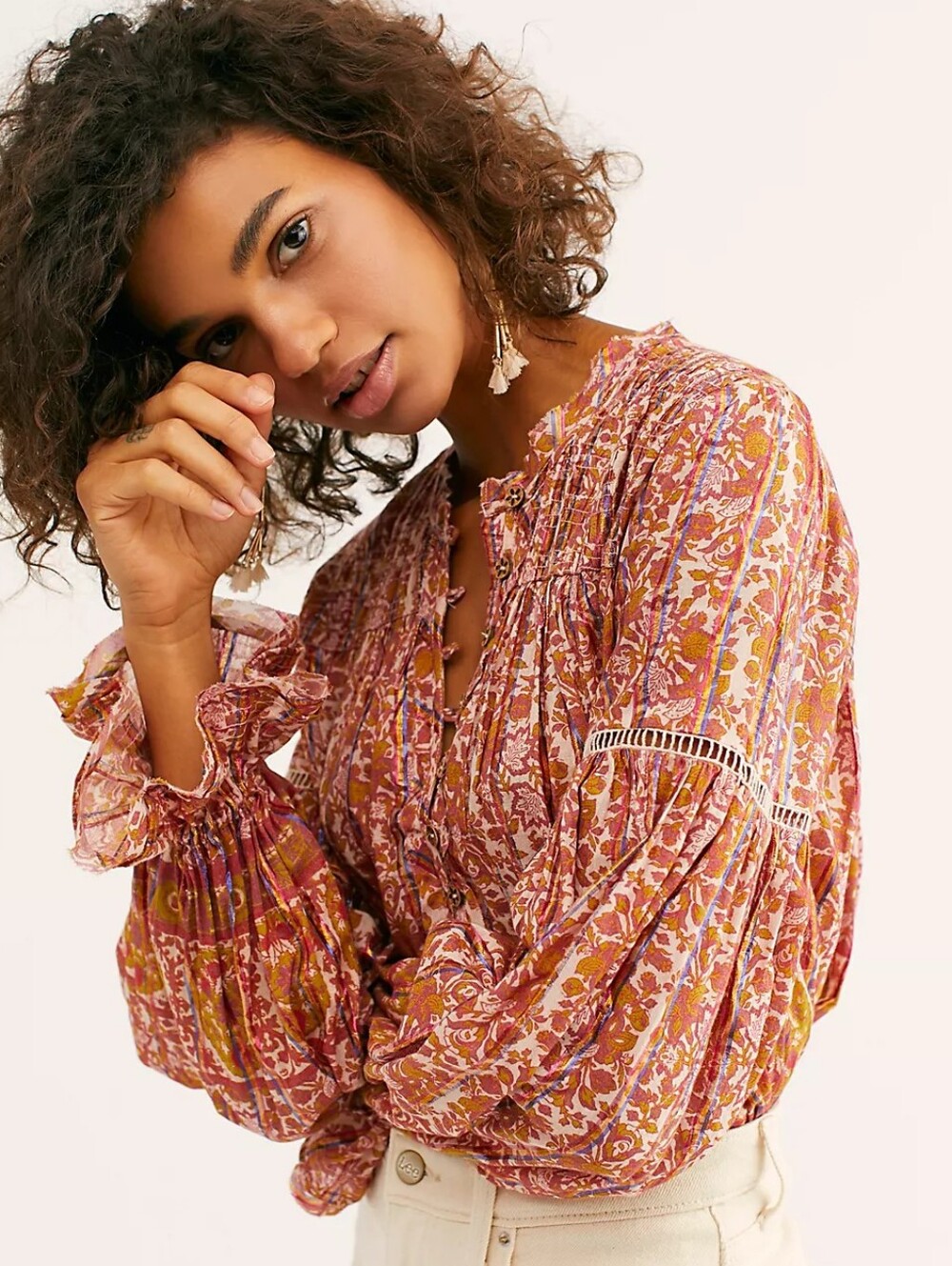 Free People Bali Bohemian Disco Long Sleeve Flowy Top Wooden Buttons Metalic Med